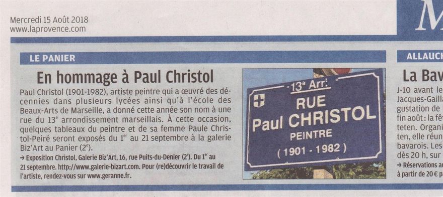 La Provence du 15/08/2018 annonce la prochaine expo CHRISTOL